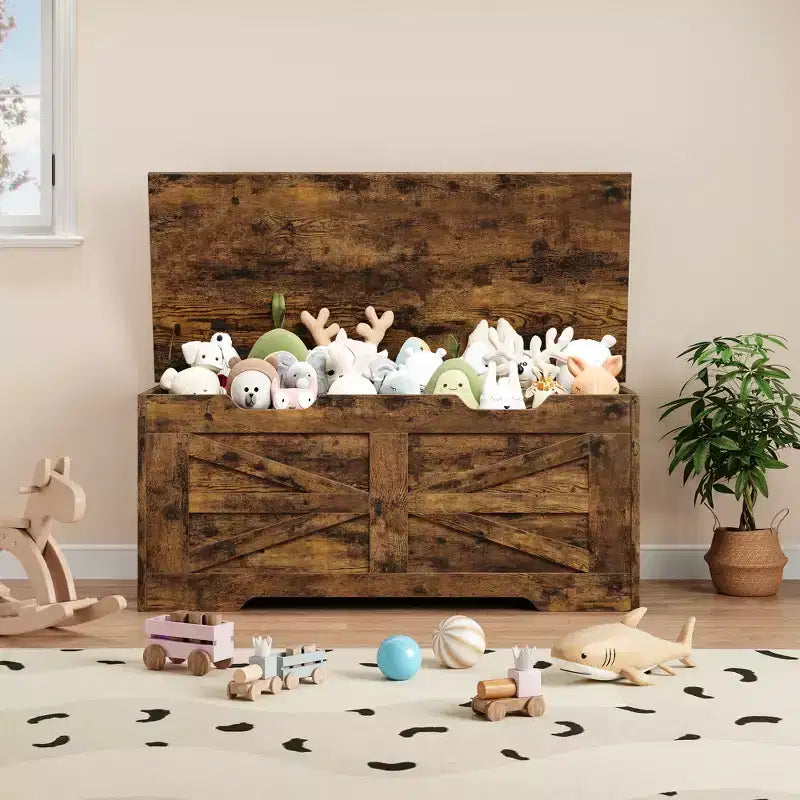 Banc de rangement en bois et coffre à jouets de 99,5 cm avec charnière de sécurité pour garçons, filles, entrée, salon, chambre, salle de jeux, supporte jusqu'à 158 kg
