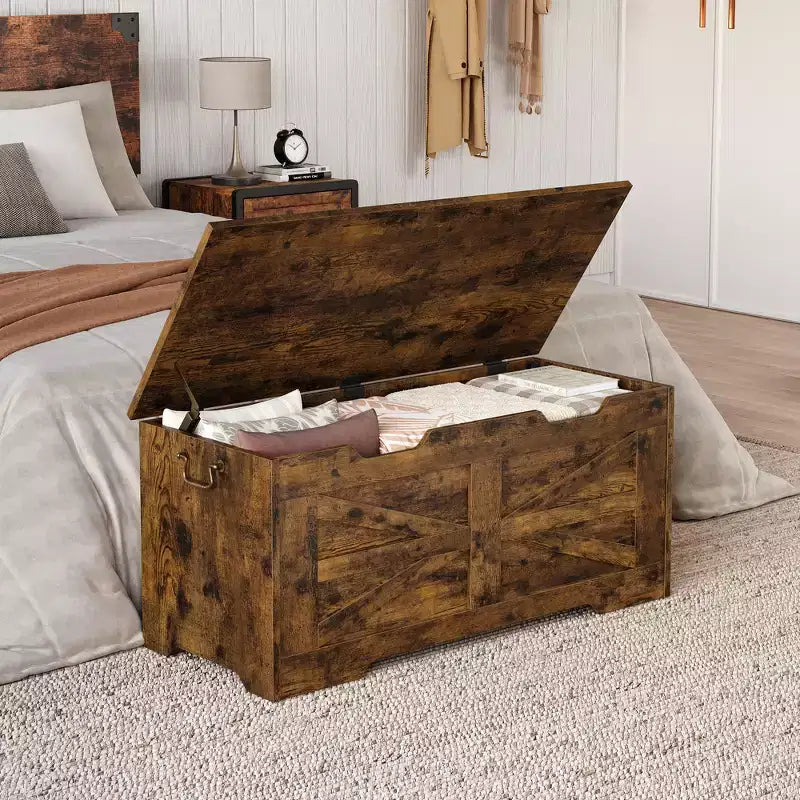 Banc de rangement en bois et coffre à jouets de 99,5 cm avec charnière de sécurité pour garçons, filles, entrée, salon, chambre, salle de jeux, supporte jusqu'à 158 kg