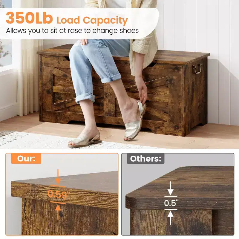 Banc de rangement en bois et coffre à jouets de 99,5 cm avec charnière de sécurité pour garçons, filles, entrée, salon, chambre, salle de jeux, supporte jusqu'à 158 kg