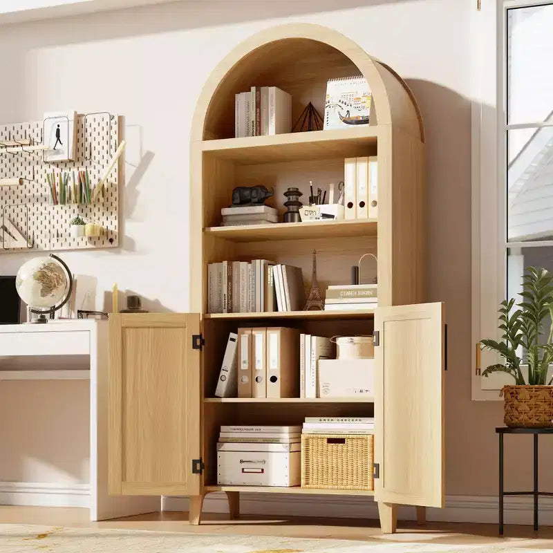 63.2 Arched Bookcase with Doors - 5 Tier Open Display Shelf with Rattan Decor, Modern Bookshelf Storage Cabinet for Home Office Living Room Library