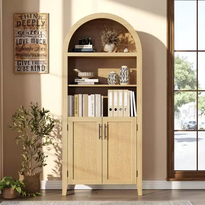 63.2 Arched Bookcase with Doors - 5 Tier Open Display Shelf with Rattan Decor, Modern Bookshelf Storage Cabinet for Home Office Living Room Library
