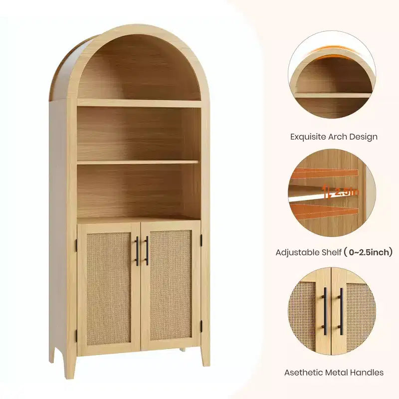 63.2 Arched Bookcase with Doors - 5 Tier Open Display Shelf with Rattan Decor, Modern Bookshelf Storage Cabinet for Home Office Living Room Library