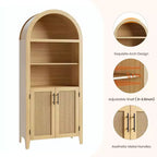 63.2 Arched Bookcase with Doors - 5 Tier Open Display Shelf with Rattan Decor, Modern Bookshelf Storage Cabinet for Home Office Living Room Library