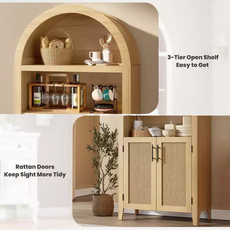 63.2 Arched Bookcase with Doors - 5 Tier Open Display Shelf with Rattan Decor, Modern Bookshelf Storage Cabinet for Home Office Living Room Library