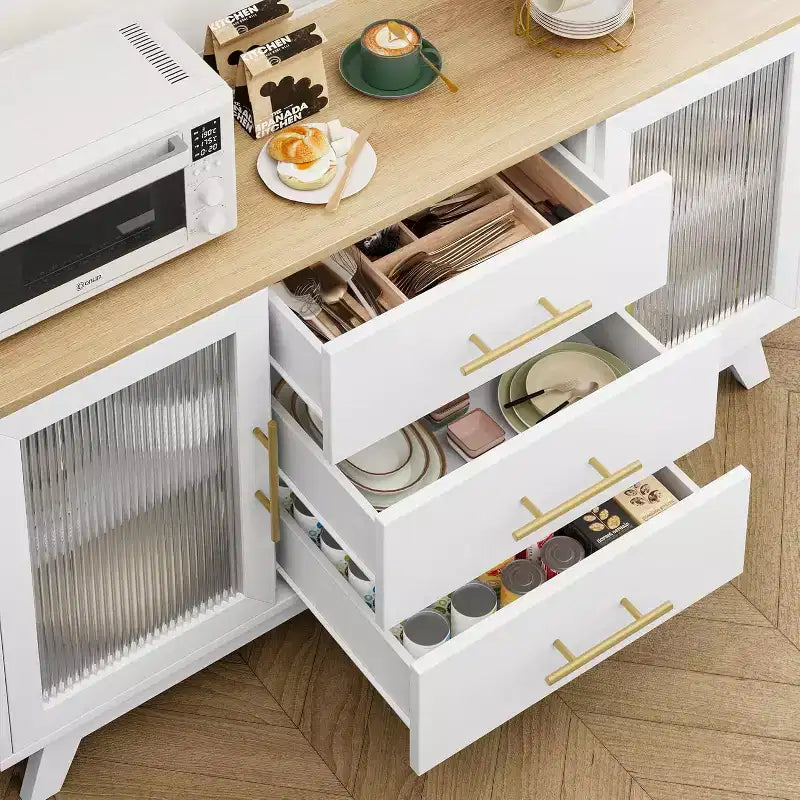 Buffet de rangement 56 po, Buffet avec portes en verre cannelé et poignées dorées, Meuble de bar à café pour cuisine, salle à manger, salon