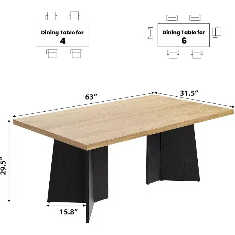 Table à manger de ferme moderne 63" pour 6-8 personnes - Plateau rectangulaire en bois avec pieds piédestal en métal pour la maison ou le bureau