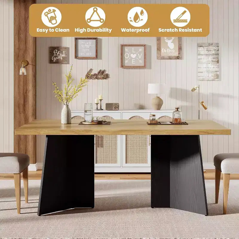 Table à manger de ferme moderne 63" pour 6-8 personnes - Plateau rectangulaire en bois avec pieds piédestal en métal pour la maison ou le bureau