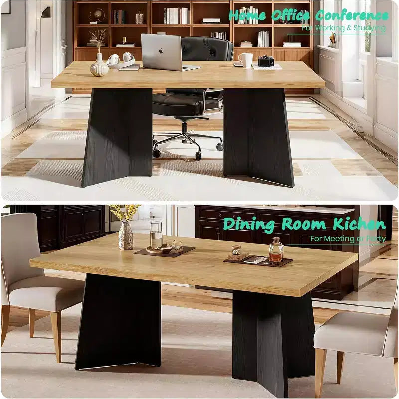 Table à manger de ferme moderne 63" pour 6-8 personnes - Plateau rectangulaire en bois avec pieds piédestal en métal pour la maison ou le bureau