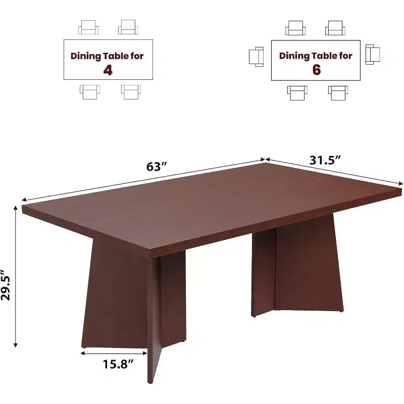 Table à manger de ferme moderne 63" pour 6-8 personnes - Plateau rectangulaire en bois avec pieds piédestal en métal pour la maison ou le bureau