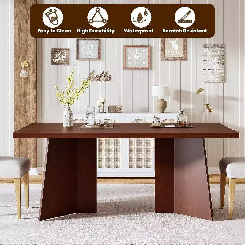 Table à manger de ferme moderne 63" pour 6-8 personnes - Plateau rectangulaire en bois avec pieds piédestal en métal pour la maison ou le bureau