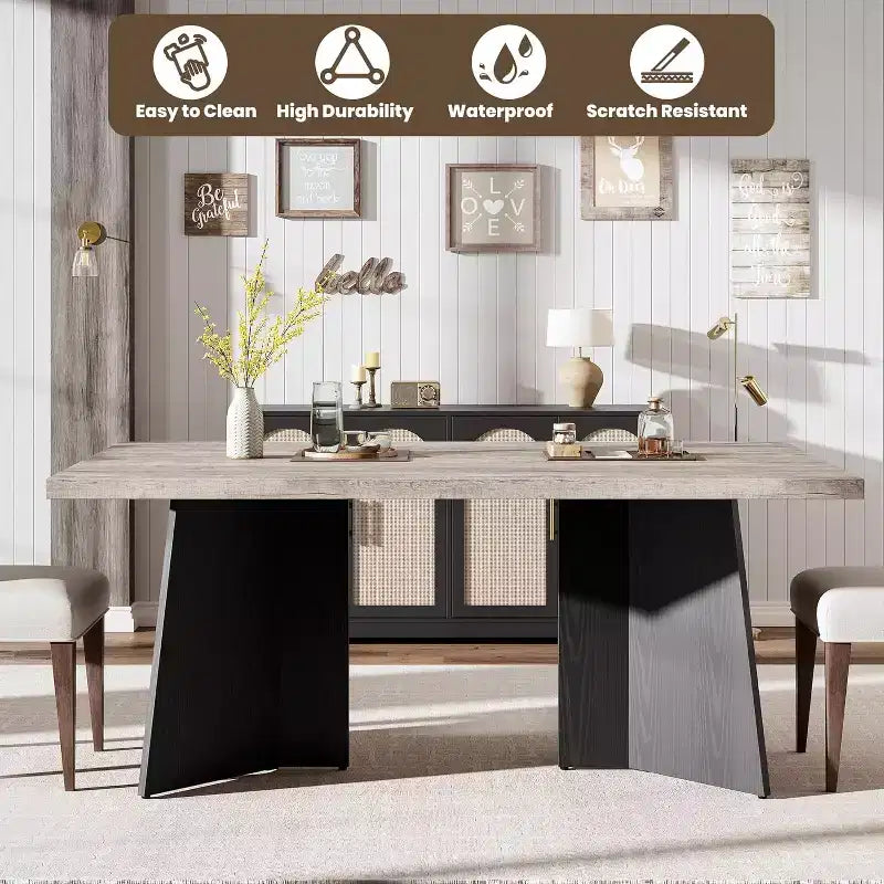 Table à manger de ferme moderne 63" pour 6-8 personnes - Plateau rectangulaire en bois avec pieds piédestal en métal pour la maison ou le bureau