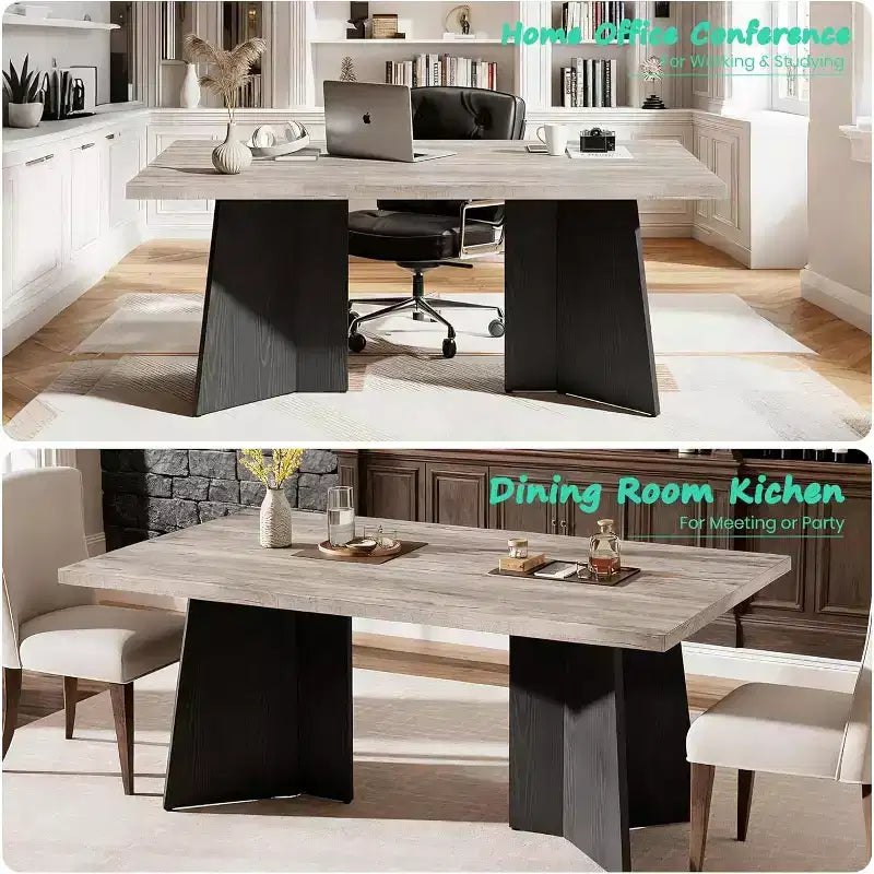 Table à manger de ferme moderne 63" pour 6-8 personnes - Plateau rectangulaire en bois avec pieds piédestal en métal pour la maison ou le bureau