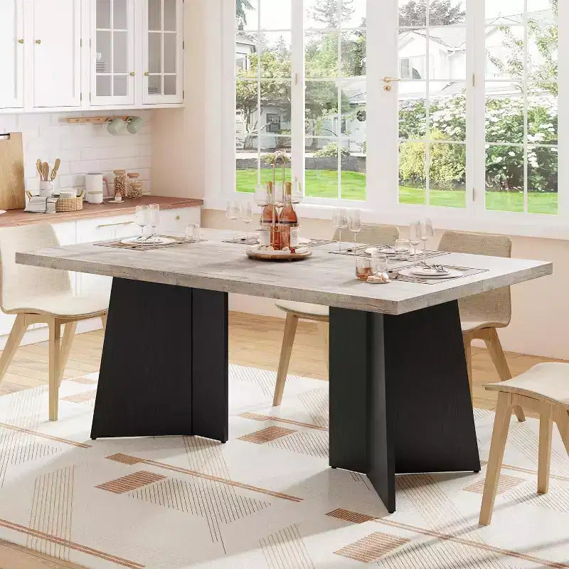 Table à manger de ferme moderne 63" pour 6-8 personnes - Plateau rectangulaire en bois avec pieds piédestal en métal pour la maison ou le bureau