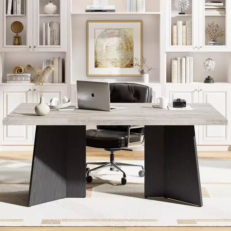 63 Modern Farmhouse Dining Table for 6-8 - Rectangular Wooden Tabletop with Metal Pedestal Legs for Home Office