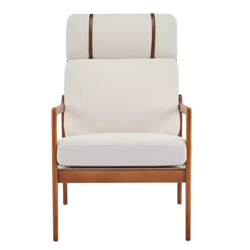 Mid Century Modern Accent Armchair with Solid Wood Frame and High Back, Beige Upholstery, for Reading Nook