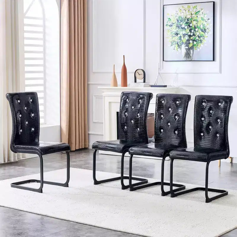 Set of 4 Upholstered Dining Chairs with Faux Leather and Crystal Buckle Details, with Durable Metal Legs