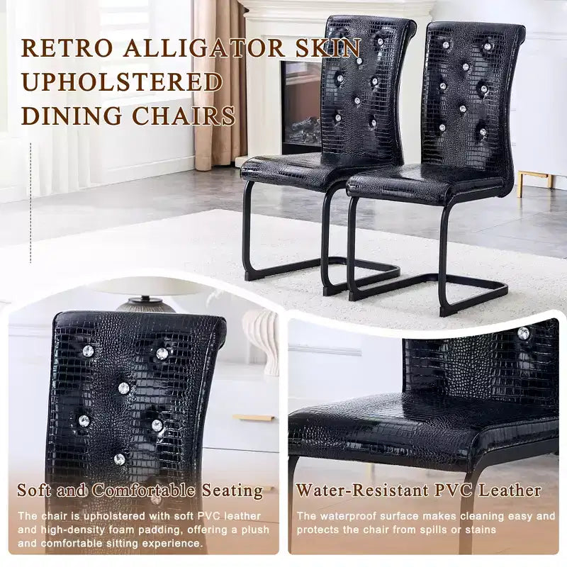 Lot de 4 Chaises de Salle à Manger Rembourrées en Similicuir avec Détails de Boucle en Cristal et Pieds en Métal Durables