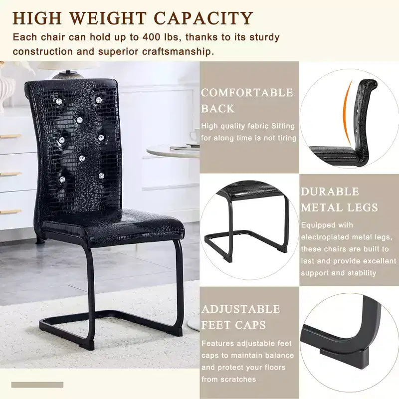 Lot de 4 Chaises de Salle à Manger Rembourrées en Similicuir avec Détails de Boucle en Cristal et Pieds en Métal Durables