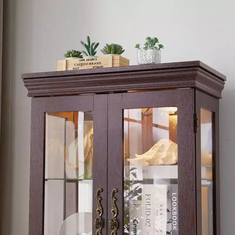 Lighted Glass Curio Display Cabinet with Adjustable Shelves, High-Quality Hinge, and Vintage Handles
