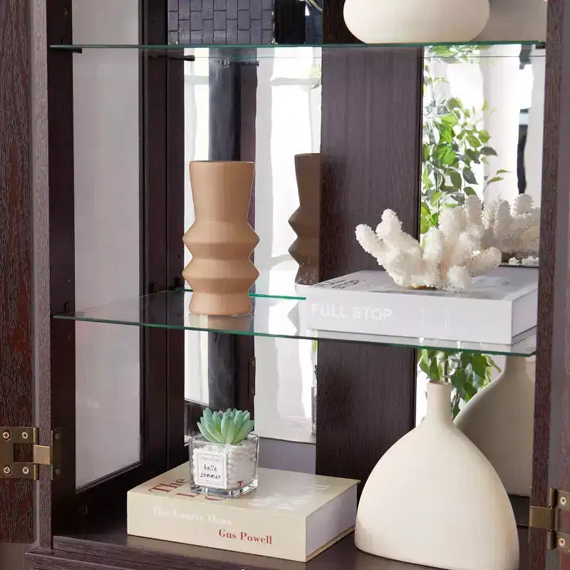 Lighted Glass Curio Display Cabinet with Adjustable Shelves, High-Quality Hinge, and Vintage Handles