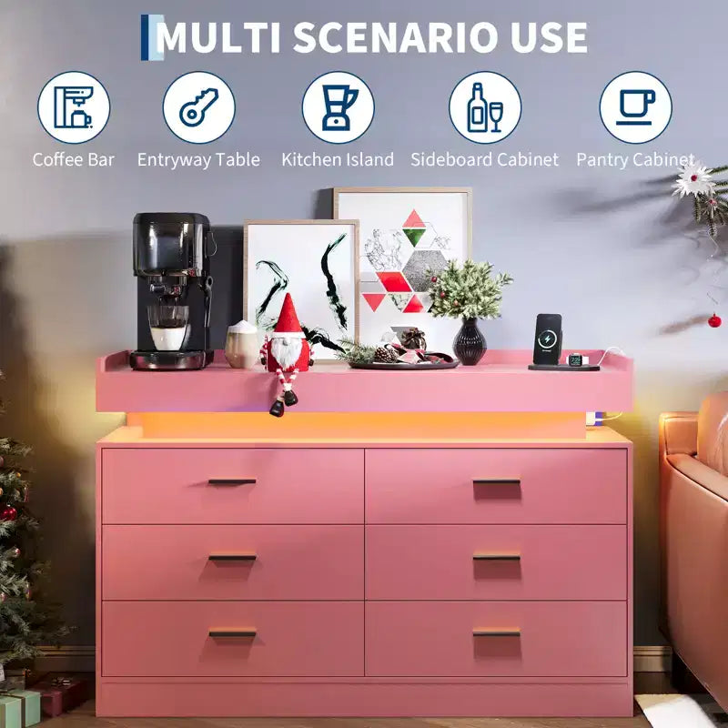 6 Drawer Dresser, Chest of Drawers for Closet with Floating LED Lights & Charging Station, Drawer Cabinet for Bedroom, Living Room, 47.24w