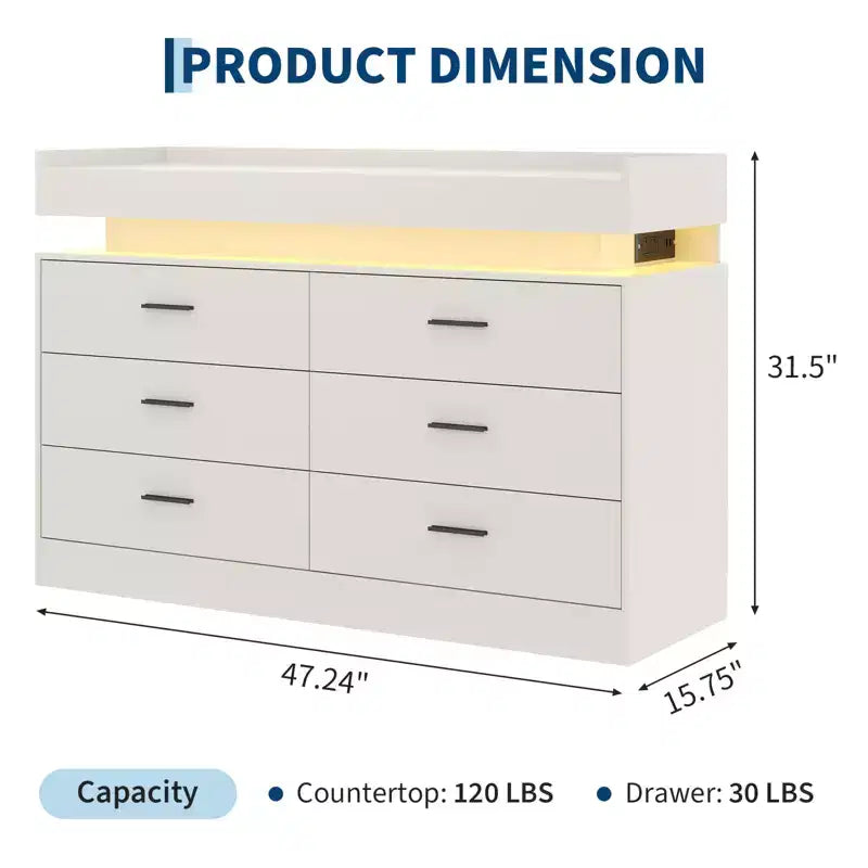6 Drawer Dresser, Chest of Drawers for Closet with Floating LED Lights & Charging Station, Drawer Cabinet for Bedroom, Living Room, 47.24w