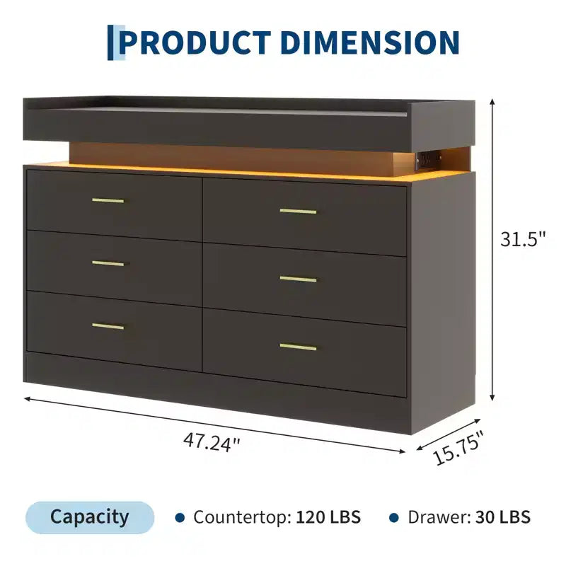 6 Drawer Dresser, Chest of Drawers for Closet with Floating LED Lights & Charging Station, Drawer Cabinet for Bedroom, Living Room, 47.24w