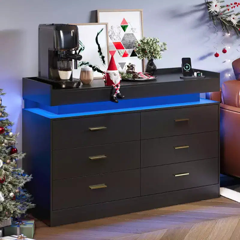 6 Drawer Dresser, Chest of Drawers for Closet with Floating LED Lights & Charging Station, Drawer Cabinet for Bedroom, Living Room, 47.24w