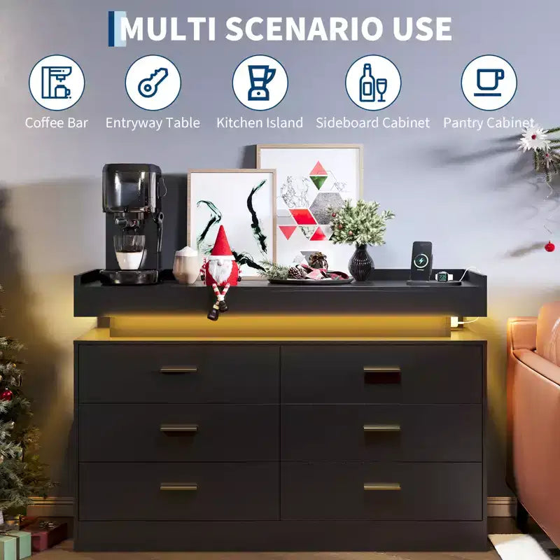 6 Drawer Dresser, Chest of Drawers for Closet with Floating LED Lights & Charging Station, Drawer Cabinet for Bedroom, Living Room, 47.24w