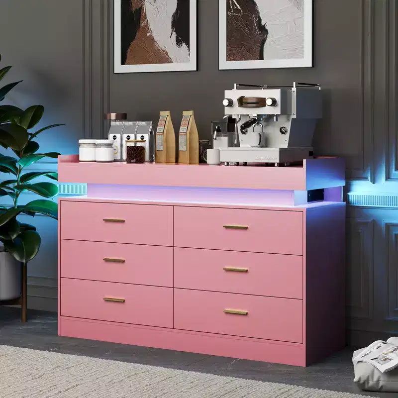 6 Drawer Dresser, Chest of Drawers for Closet with Floating LED Lights & Charging Station, Drawer Cabinet for Bedroom, Living Room, 47.24w