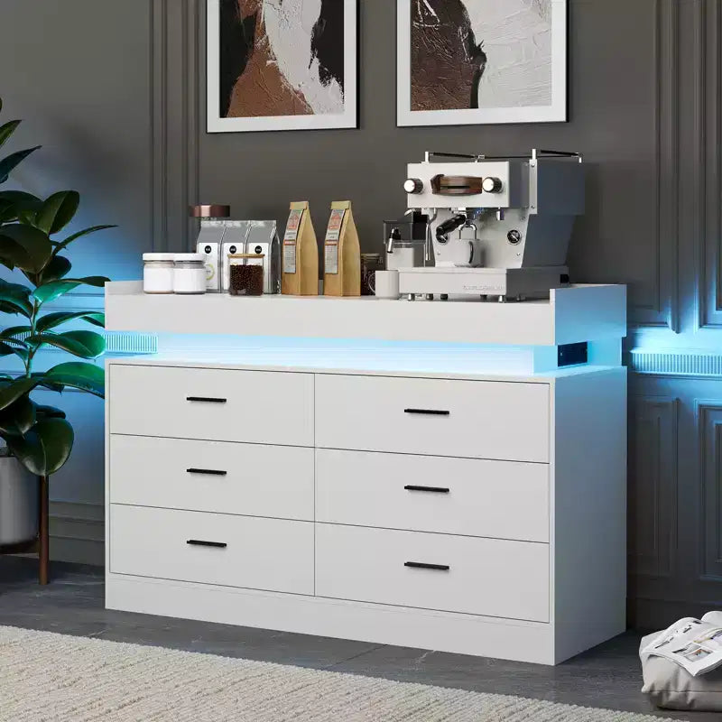 6 Drawer Dresser, Chest of Drawers for Closet with Floating LED Lights & Charging Station, Drawer Cabinet for Bedroom, Living Room, 47.24w
