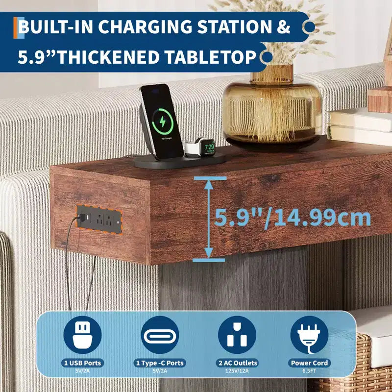 Table d'entrée de ferme de 63 po avec rangement et station de recharge, console étroite à 2 niveaux derrière le canapé, meuble de couloir en bois pour hall d'entrée