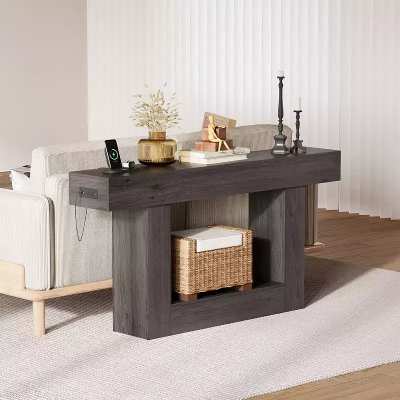 Table d'entrée de ferme de 63 po avec rangement et station de recharge, console étroite à 2 niveaux derrière le canapé, meuble de couloir en bois pour hall d'entrée