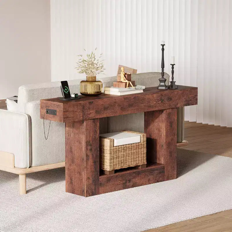 Table d'entrée de ferme de 63 po avec rangement et station de recharge, console étroite à 2 niveaux derrière le canapé, meuble de couloir en bois pour hall d'entrée
