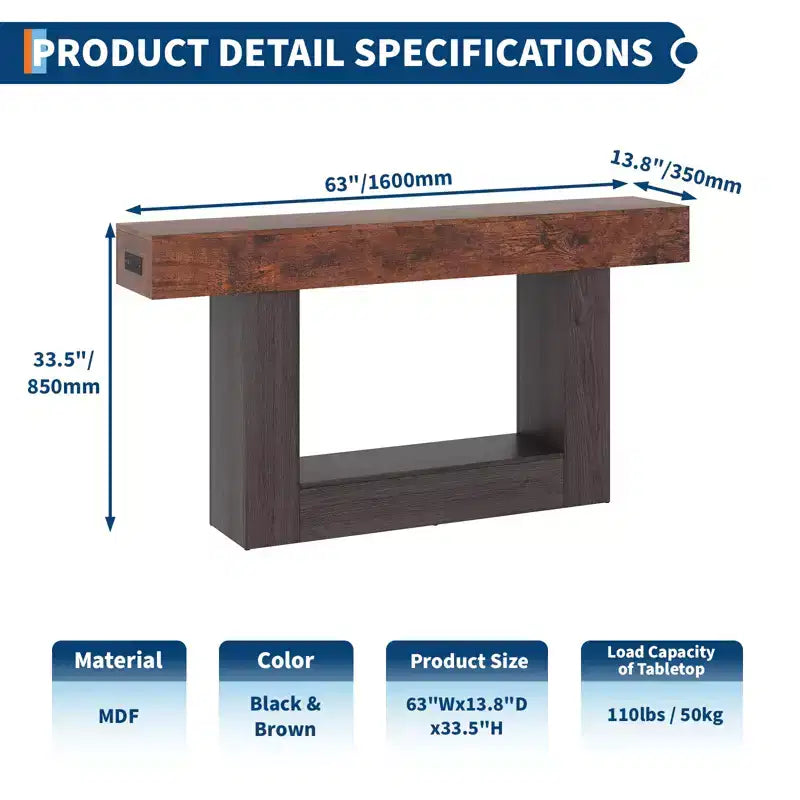 Table d'entrée de ferme de 63 po avec rangement et station de recharge, console étroite à 2 niveaux derrière le canapé, meuble de couloir en bois pour hall d'entrée