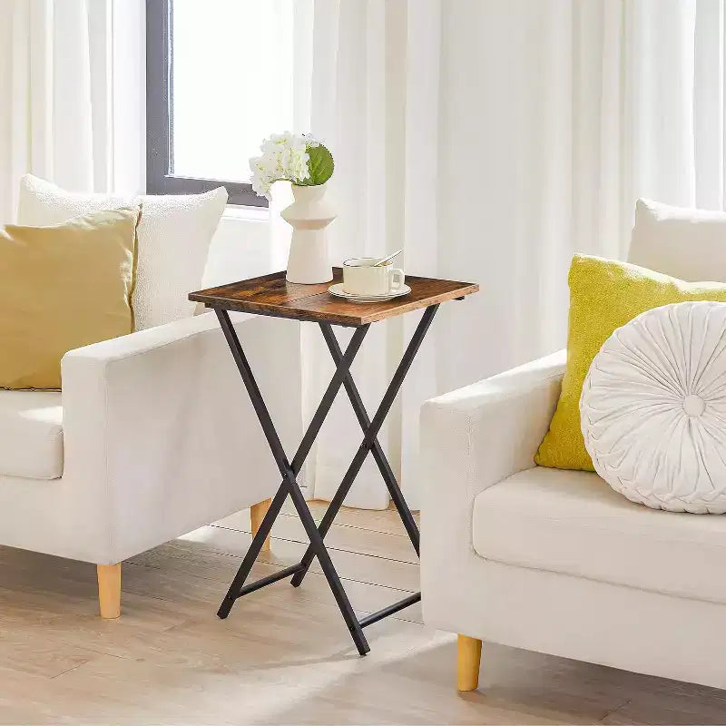 ACOINEL Folding TV Tray Table, Wooden Portable Sofa Side Table, Industrial Snack End Table for Small Spaces - Space-Saving, Easy Install & Fold