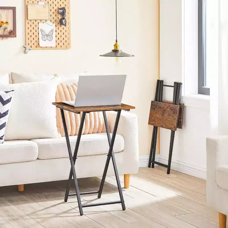ACOINEL Folding TV Tray Table, Wooden Portable Sofa Side Table, Industrial Snack End Table for Small Spaces - Space-Saving, Easy Install & Fold