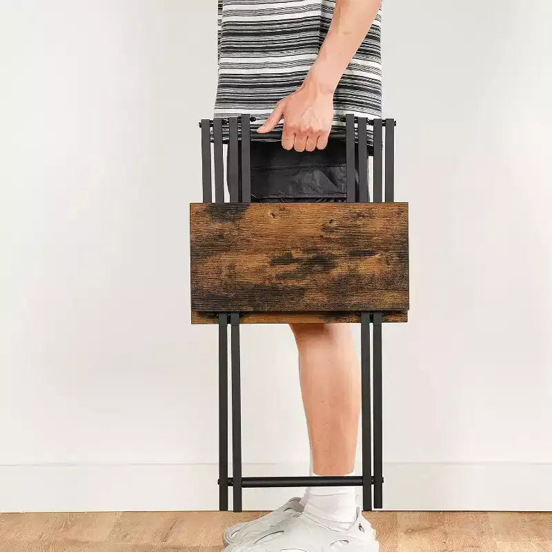 ACOINEL Folding TV Tray Table, Wooden Portable Sofa Side Table, Industrial Snack End Table for Small Spaces - Space-Saving, Easy Install & Fold