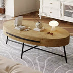 47.2 Mid-Century Modern Oval Coffee Table, Wooden Center Table with Drawer Storage & Cross Metal Legs