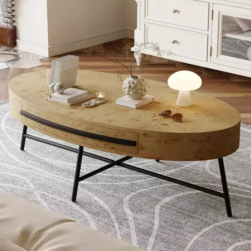 47.2 Mid-Century Modern Oval Coffee Table, Wooden Center Table with Drawer Storage & Cross Metal Legs