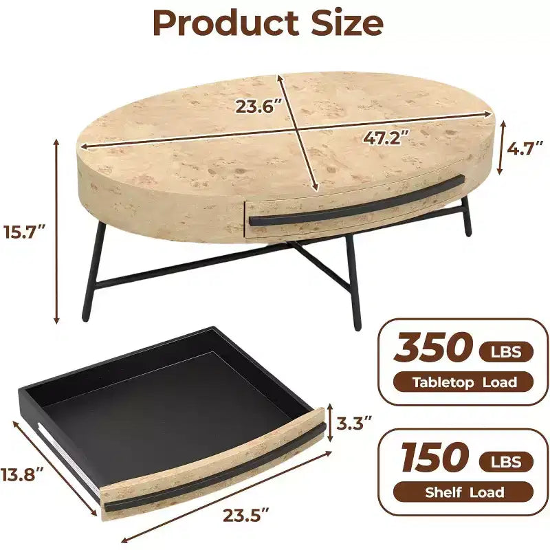 Table basse ovale 47,2 po de style Mid-Century Modern, table centrale en bois avec tiroir de rangement et pieds en métal croisés