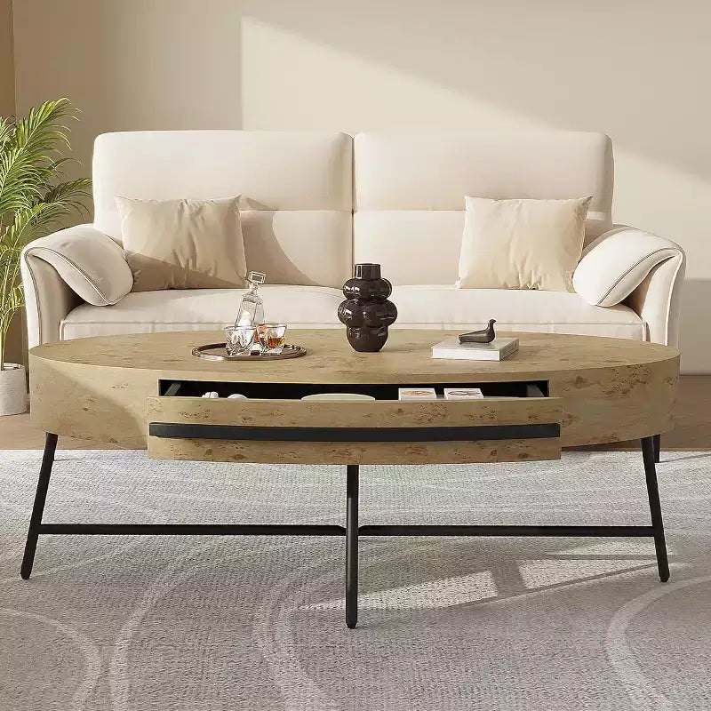 Table basse ovale 47,2 po de style Mid-Century Modern, table centrale en bois avec tiroir de rangement et pieds en métal croisés