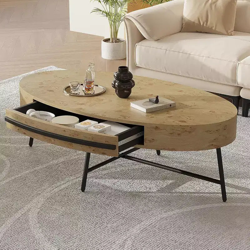 Table basse ovale 47,2 po de style Mid-Century Modern, table centrale en bois avec tiroir de rangement et pieds en métal croisés