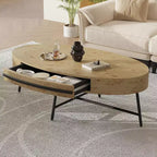 Table basse ovale 47,2 po de style Mid-Century Modern, table centrale en bois avec tiroir de rangement et pieds en métal croisés