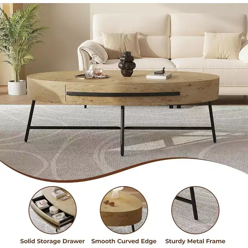 Table basse ovale 47,2 po de style Mid-Century Modern, table centrale en bois avec tiroir de rangement et pieds en métal croisés