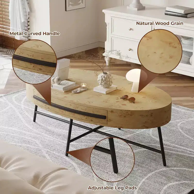 Table basse ovale 47,2 po de style Mid-Century Modern, table centrale en bois avec tiroir de rangement et pieds en métal croisés
