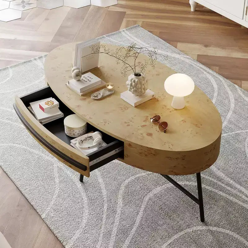 Table basse ovale 47,2 po de style Mid-Century Modern, table centrale en bois avec tiroir de rangement et pieds en métal croisés