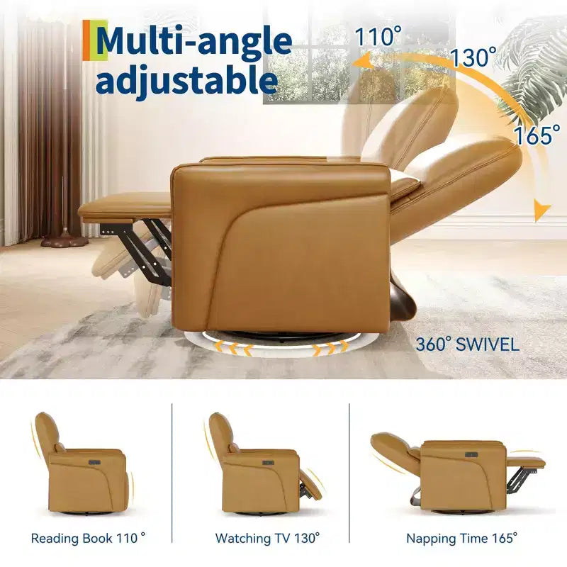 Power Recliner Single Sofa Chair  360 Swivel Rocker Glider, Massage Function, Adjustable Lumbar Support, USB Charging, Faux Leather  Deep Seat