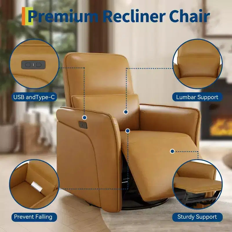 Power Recliner Single Sofa Chair  360 Swivel Rocker Glider, Massage Function, Adjustable Lumbar Support, USB Charging, Faux Leather  Deep Seat