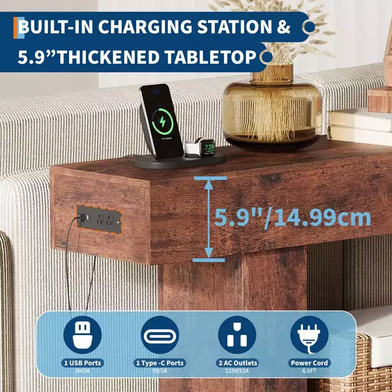 63 Narrow 2-Tier Console Table with Charging Station, Wooden Sofa Table for Entryway, Foyer, or Living Room, Behind Couch Storage